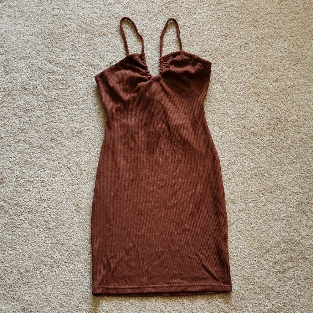 BEIGE BOTANY Brown Ribbed Mini Dress Spaghetti Straps Open Back Sz M Y2k Style